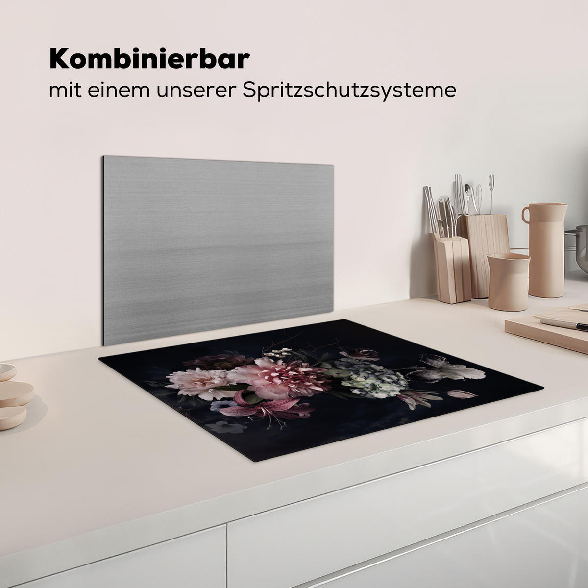 KRYT NA INDUKČNÍ DESKU Květiny - Vintage - pastelové - růžové - bílé 65x52 cm - starorůžová, plast (65/52/0.2cm) - MuchoWow