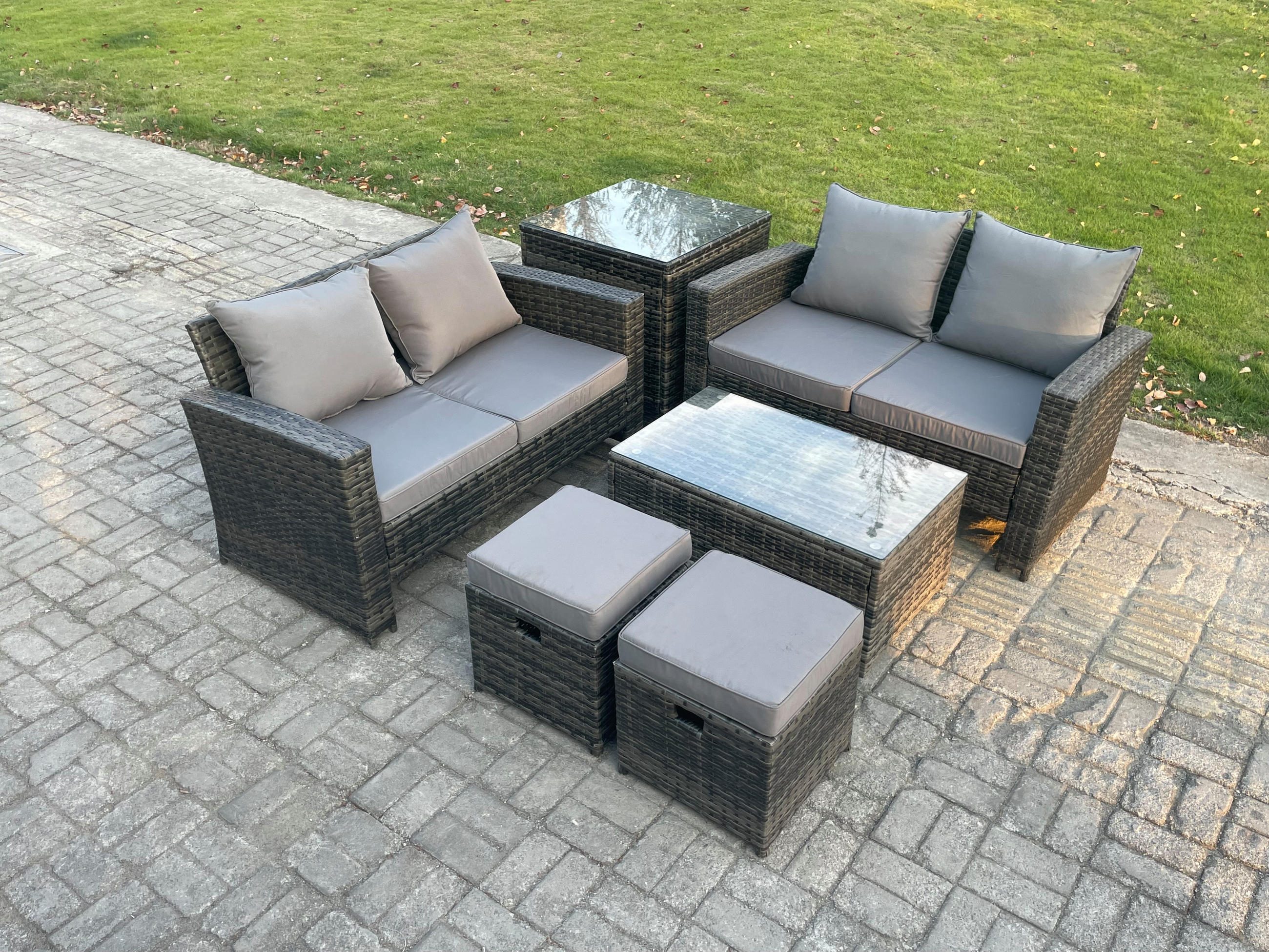 GARTENMÖBEL-SET mit Kissen Polyrattan Dunkelgrau 6-Sitzer - Dunkelgrau, Metall - Fimous