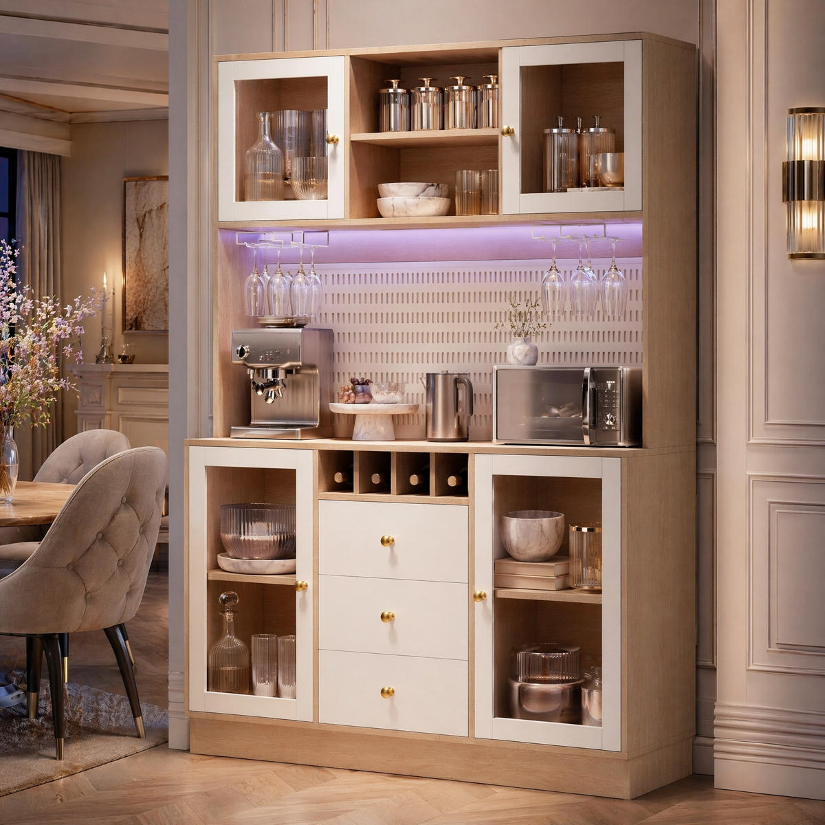 HIGHBOARD in Weiß Küchenschrank mit LED-Lichtleiste und Schubladen für Küche und Wohnzimmer, B140/T40/H185.7 cm - Transparent/Weiß, Glas/Holzwerkstoff (140/185.7/40cm) - STILVORA