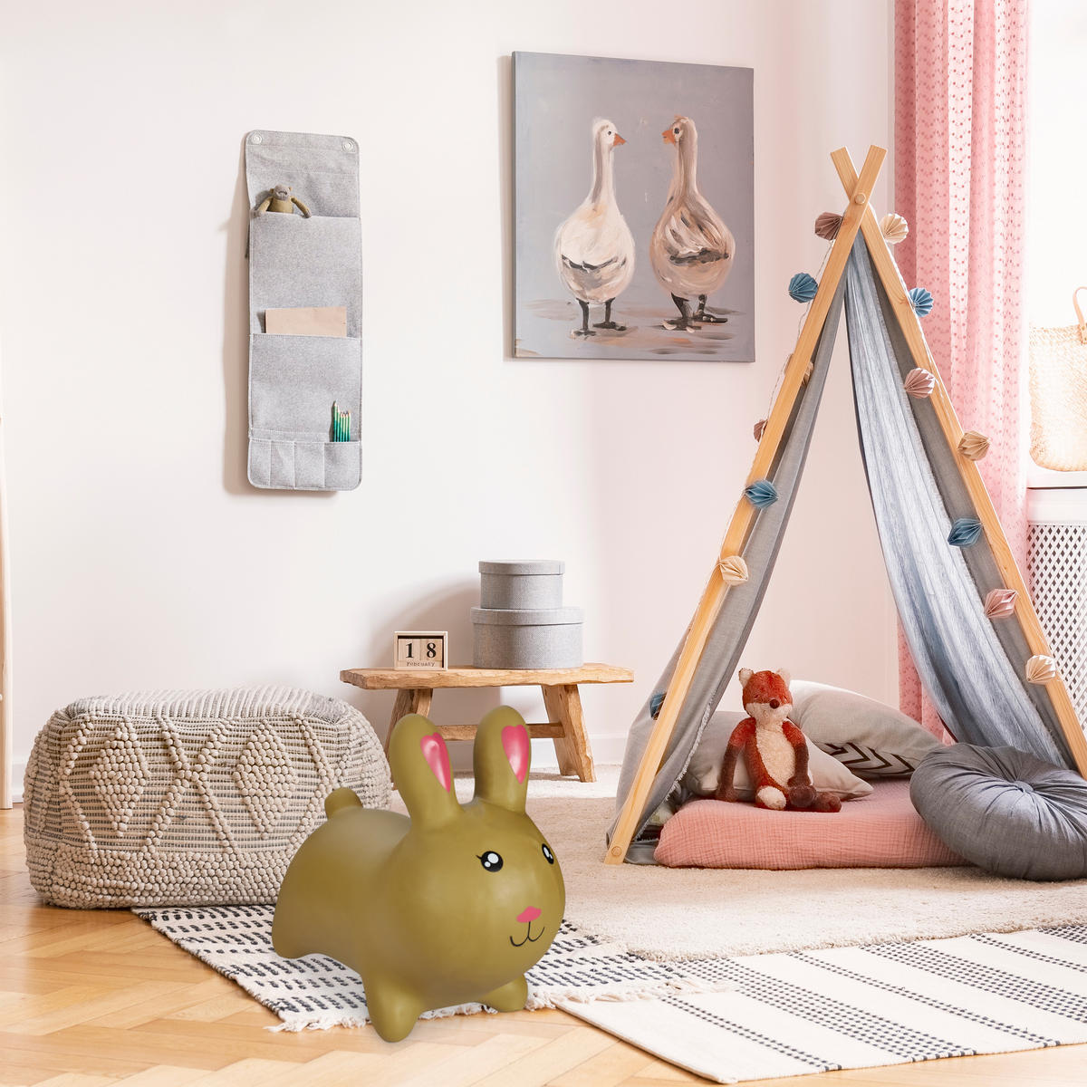 SKÁKADLO Světle hnědá zajíček s pumpičkou - béžová, plast (25/53/45cm) - Relaxdays