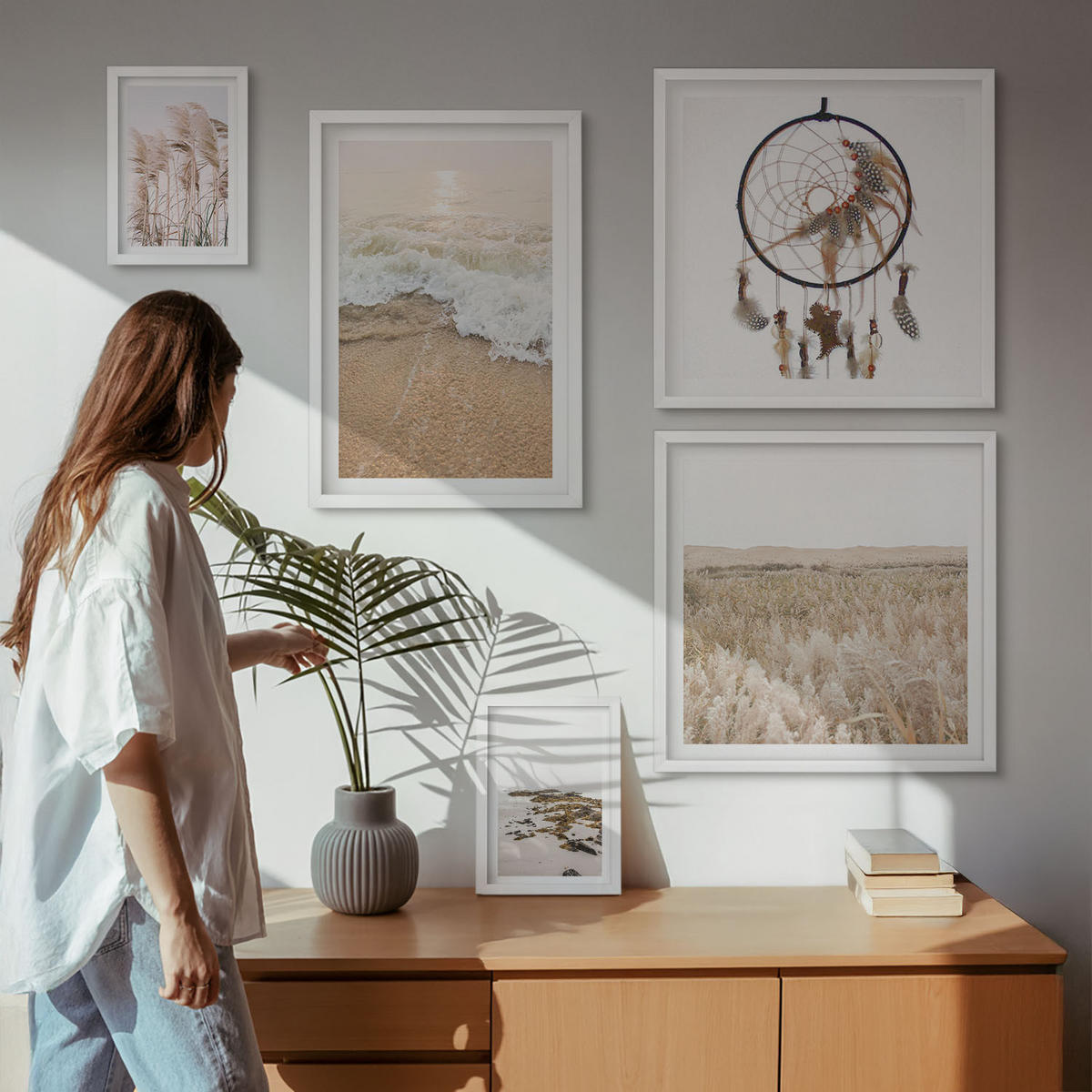 WANDBILDER 5er-Set - 50x50 cm & 20x30 cm & 40x60 cm Weißer Rahmen - Strandgras, Wellen, Steine, Boho-Stil - Weiß, Kunststoff (40/60cm) - ArtPrintCave