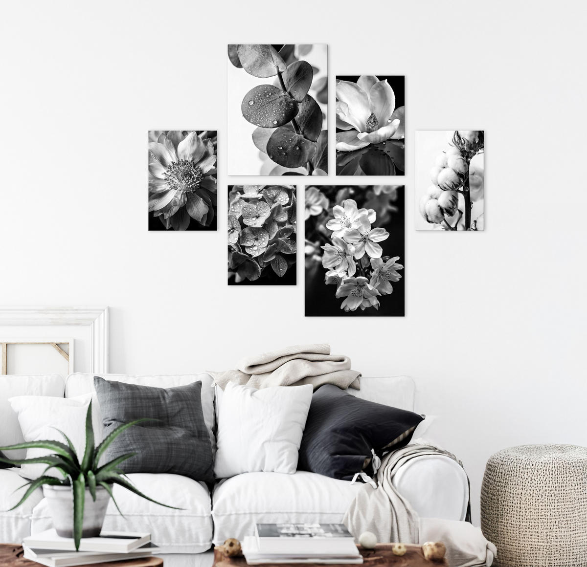 BILDERSET 6er-Set 30x40 cm + 20x30cm Blumen schwarz weiß - Weiß, Kunststoff (105/85cm) - artissimo