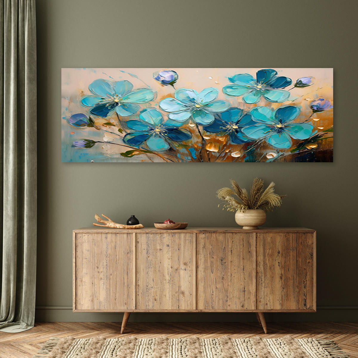 WANDBILD türkisfarbene blumen pflanzen natur - Türkis, Textil (90/30cm) - Feeby