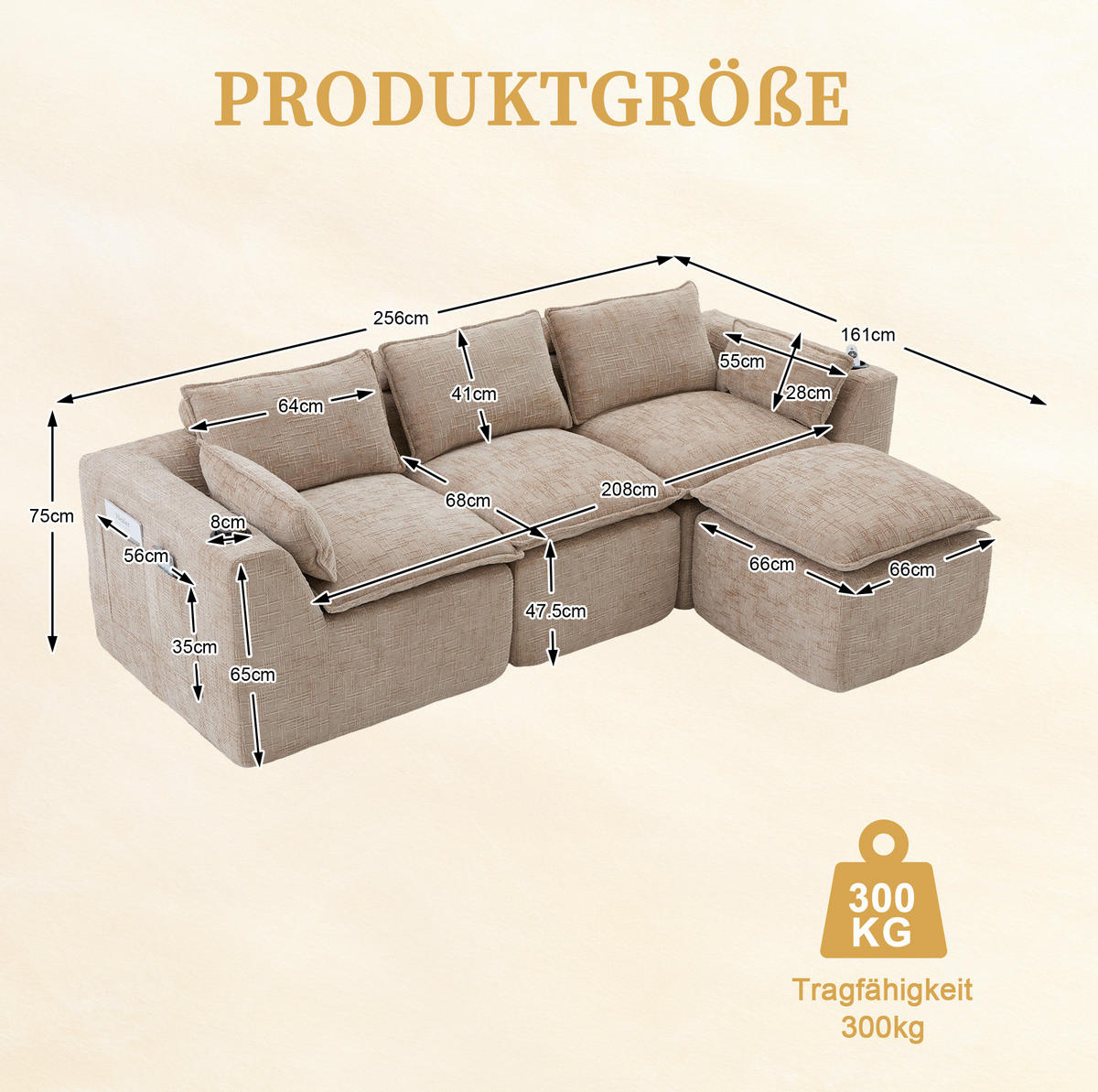 ECKSOFA 256/161/75 cm khaki aus Chenille mit Seitentaschen, Kissen und Federkern - Sandfarben, Textil (161/256cm) - OKWISH