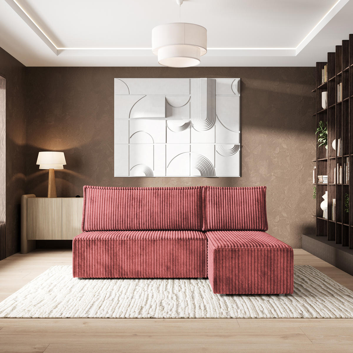 ECKSOFA BRISO T Rosa Kordstoff mit Schlaffunktion - Rosa/Grau, Holz/Kunststoff (200/140cm) - MASSENO