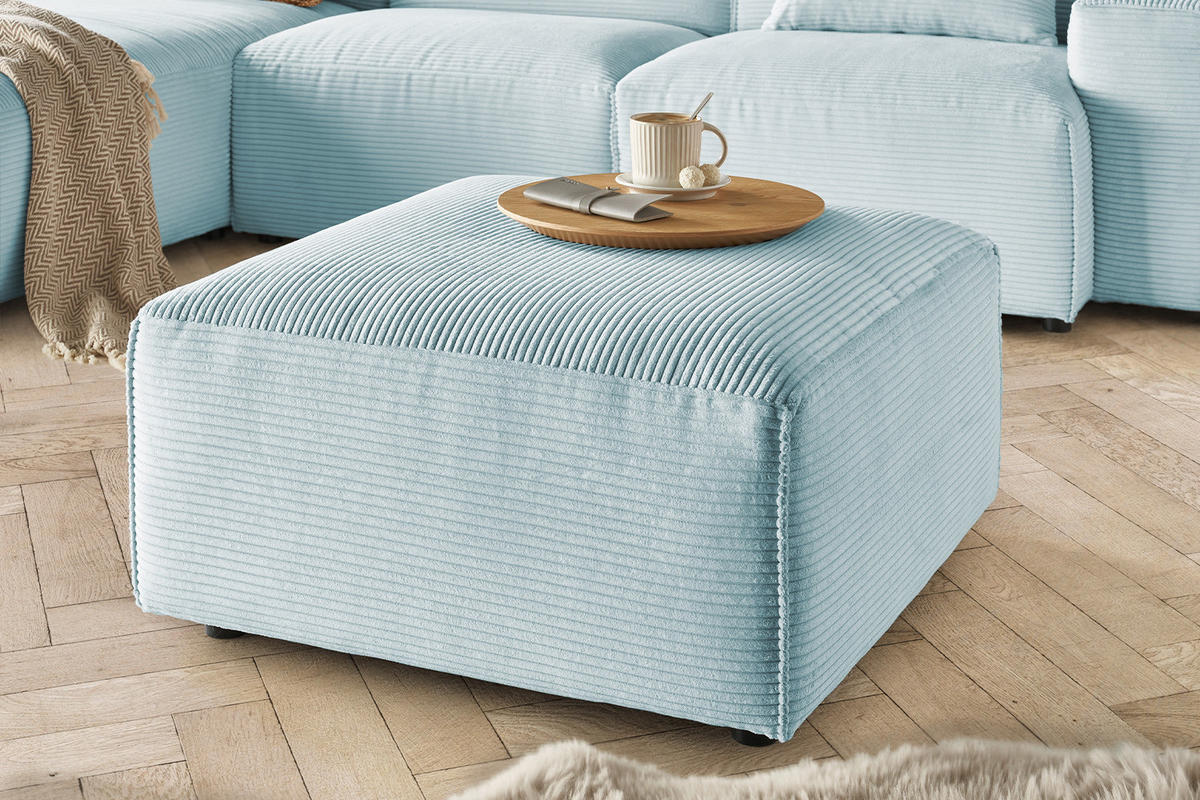 POLSTERHOCKER RANI Hellblau Cord - Schwarz/Hellblau, Kunststoff/Textil (80/42/80cm) - KAWOLA