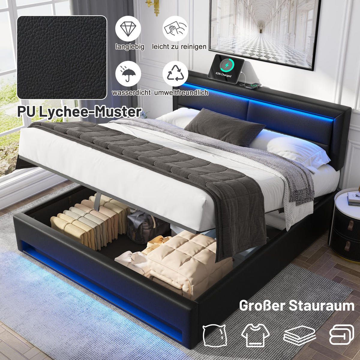 POLSTERBETT 140/200 cm mit USB-Ladefunktion, LED-Beleuchtung und Bettkasten, PU in Litschi-Optik, Schwarz - Schwarz, Kunststoff (140/200cm) - Redom