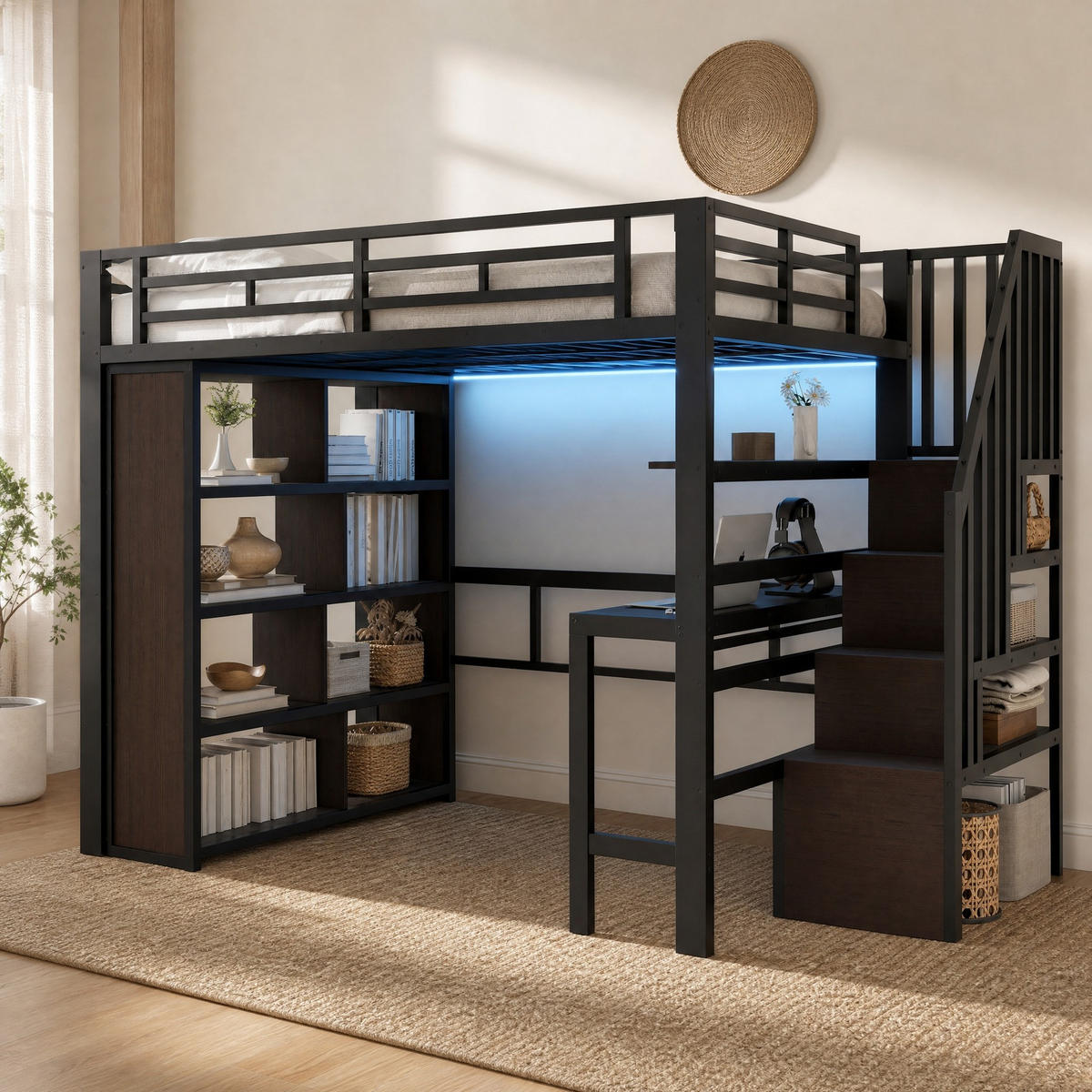 HOCHBETT 140/200 mit LED Schreibtisch und Stauraumtreppe in Schwarz - Schwarz, Holzwerkstoff/Metall (140/200cm) - EVRYAE