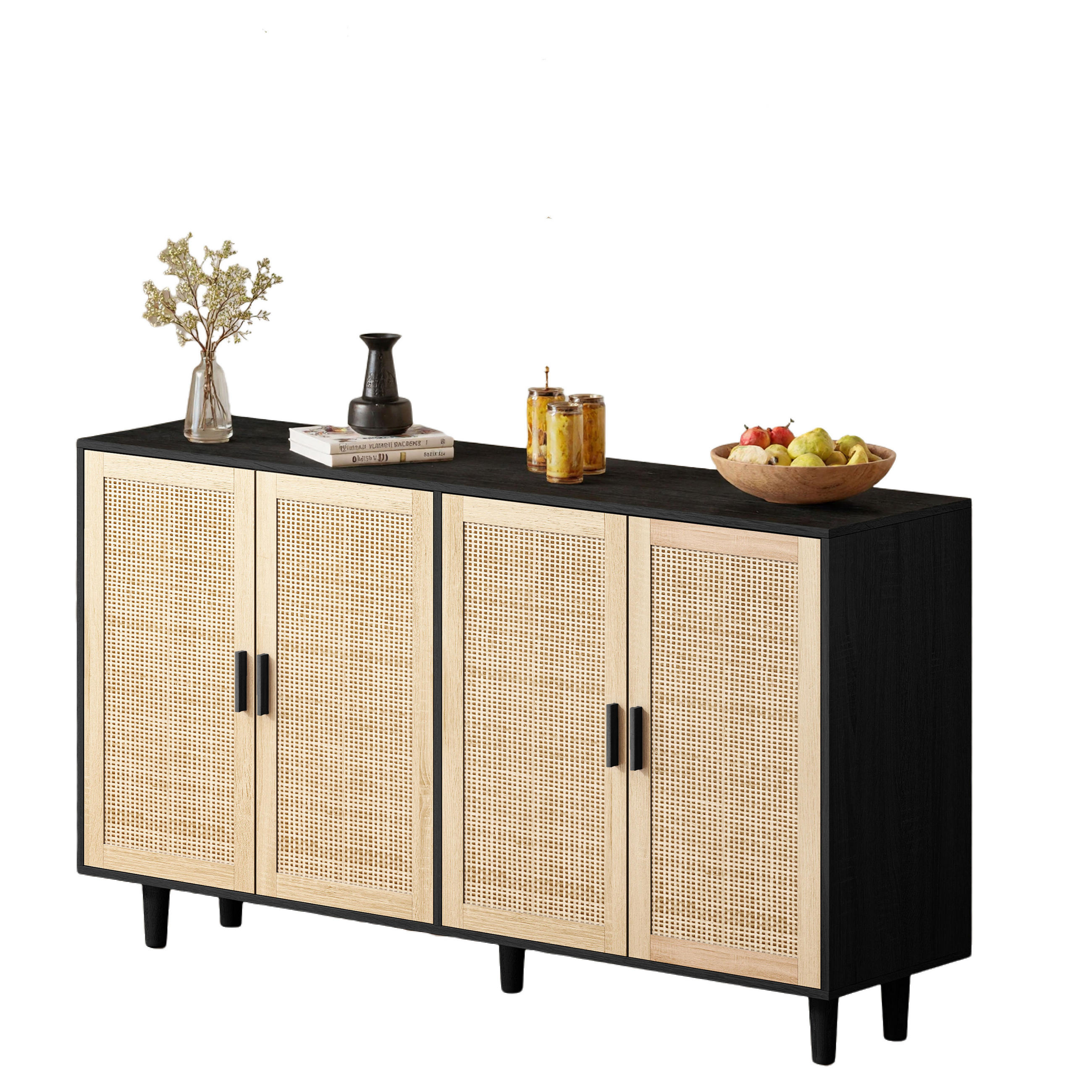 SIDEBOARD Rattanschrank mit 4 Türen und Massivholzbeinen, verstellbare Böden, MDF Natur Holzoptik - Schwarz/Naturfarben, Holz/Holzwerkstoff (158/88/40cm) - EVRYAE