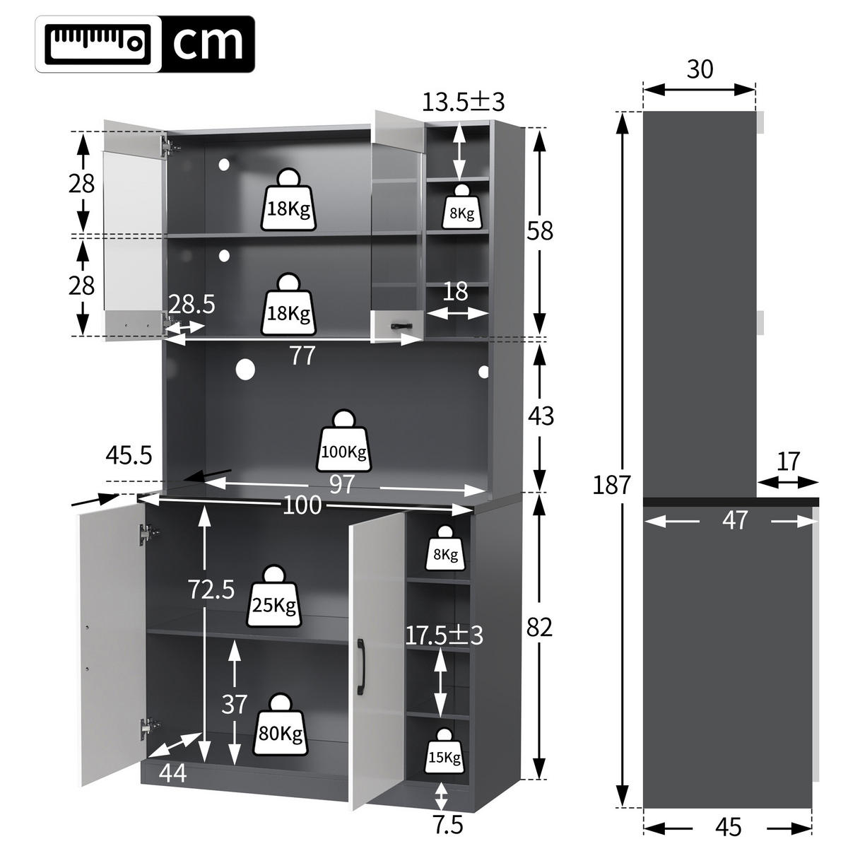 BUFFET Aufbewahrungsschrank 100x47x187cm Weiß mit Glas & LED Beleuchtung - Weiß, Holzwerkstoff (100/187/47cm) - Modfu