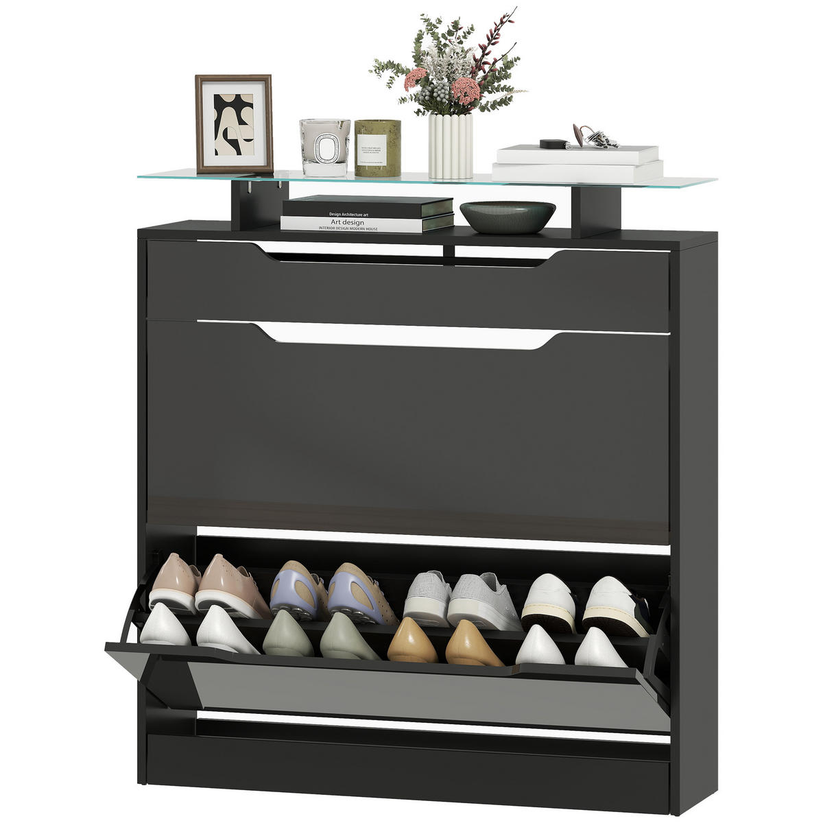 SCHUHSCHRANK Schwarz MDF klappbar mit Fächern 1 Stück - Schwarz, Holzwerkstoff (89/96/23cm) - PANGIVO
