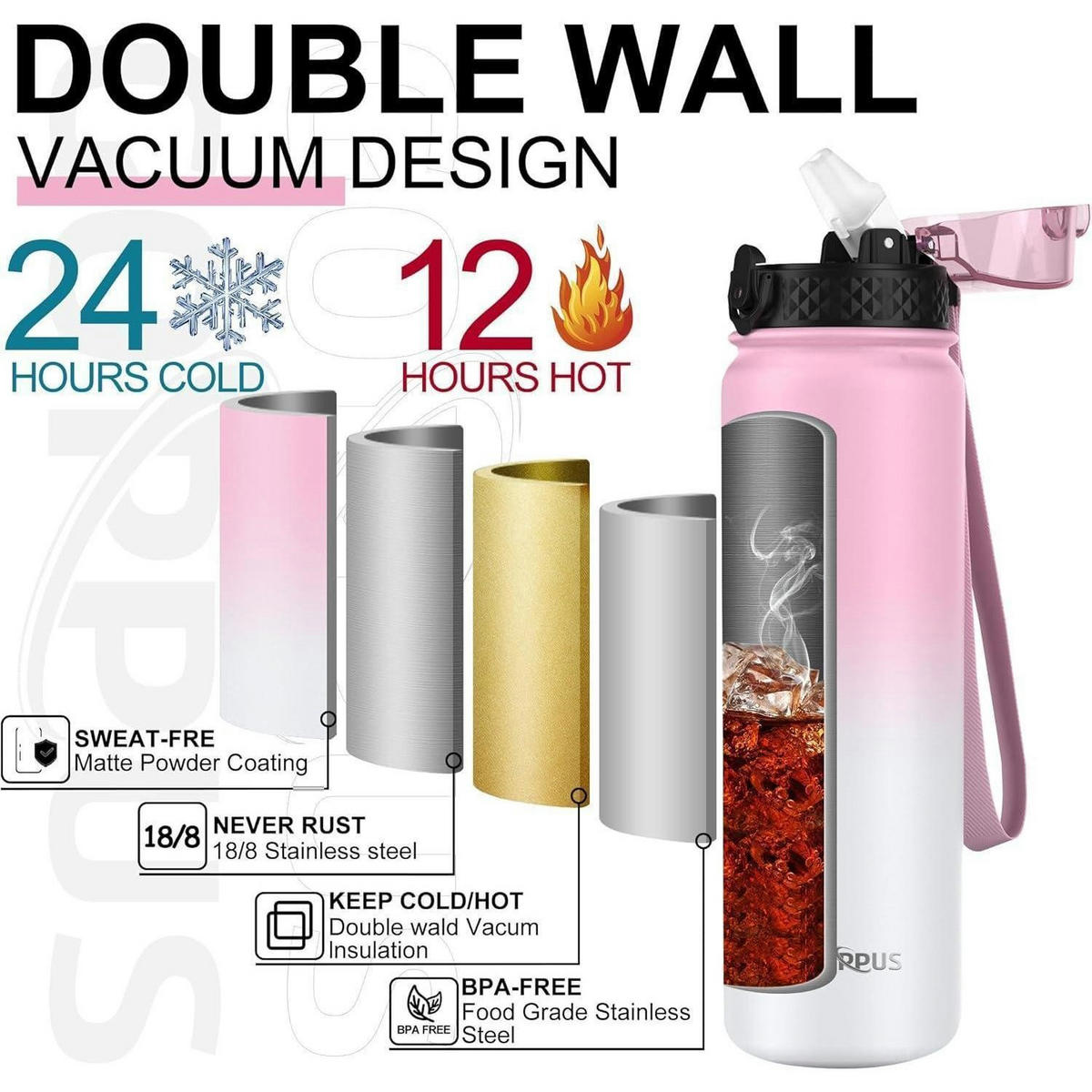 TRINKFLASCHE Edelstahl 1 Liter Rosa Weiß - Rosa, Metall (8/8cm)
