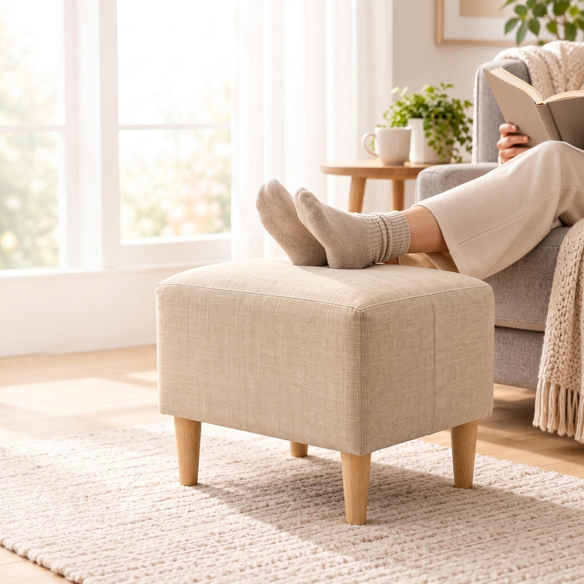 FUSSHOCKER Beige gepolstert Holzfüße - Beige, Holz/Textil (61/42/41cm) - Relaxdays