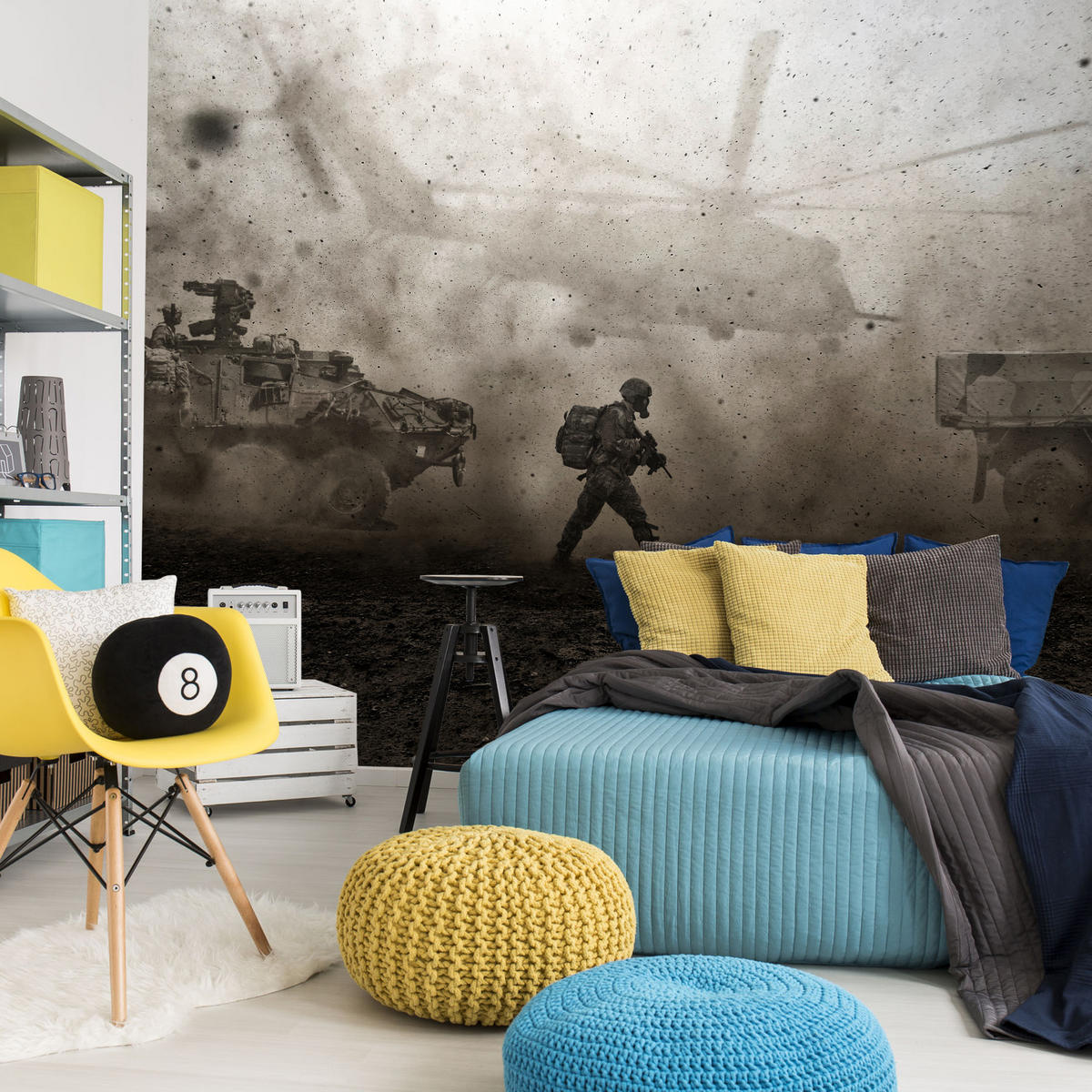 FOTOTAPETE für Jugendzimmer Wüste Militär Hubschrauber Panzer 200x140 - Beige/Schwarz, Papier (200/140cm) - Muralo