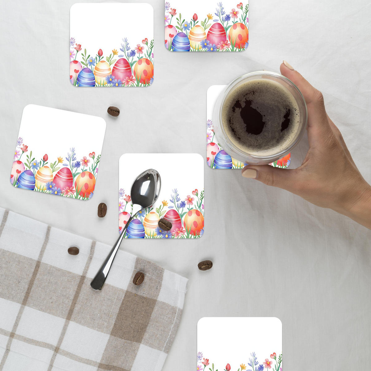 GLASUNTERSETZER 6er-Set Blumengarten - Bunt - Eier 10x10 cm - Weiß, Naturmaterialien (10/0.2cm) - MuchoWow