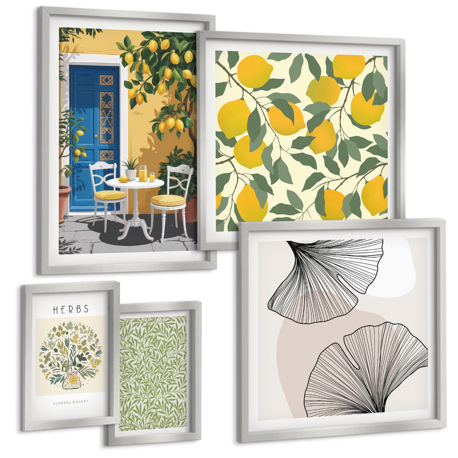 BILDER SET 5er Set - 50x50 cm & 20x30 cm & 40x60 cm Silberner Rahmen - Zitronenkräuter und -blätter - Silberfarben, Kunststoff (40/60cm) - TULUP