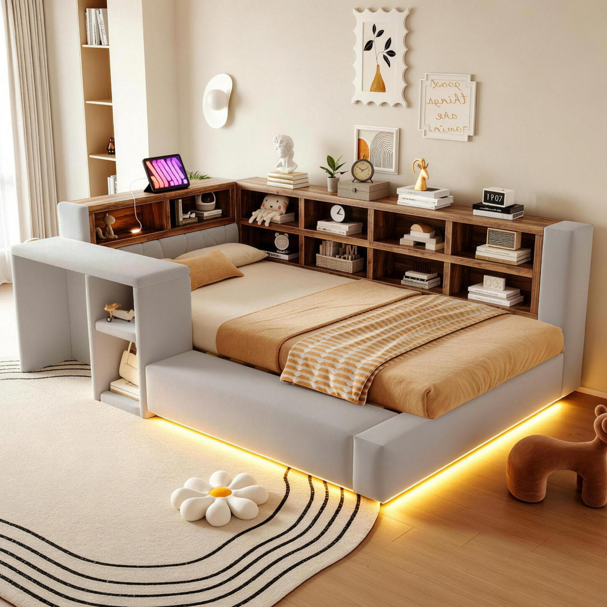 POLSTERBETT 90/200 cm aus Samtstoff mit LED und Steckdosen Hellgrau - Hellgrau, Textil (90/200cm) - OKMYHOME