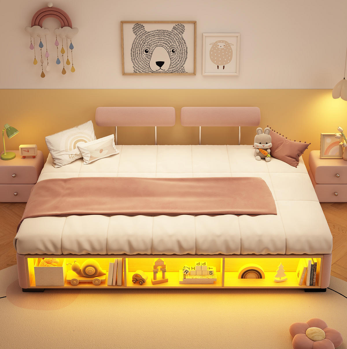 KINDER-POLSTERBETT 140x200 cm in Rosa mit LED-Seitenregal und offenem Stauraum - Pink, Textil (140/200cm) - IVMEU