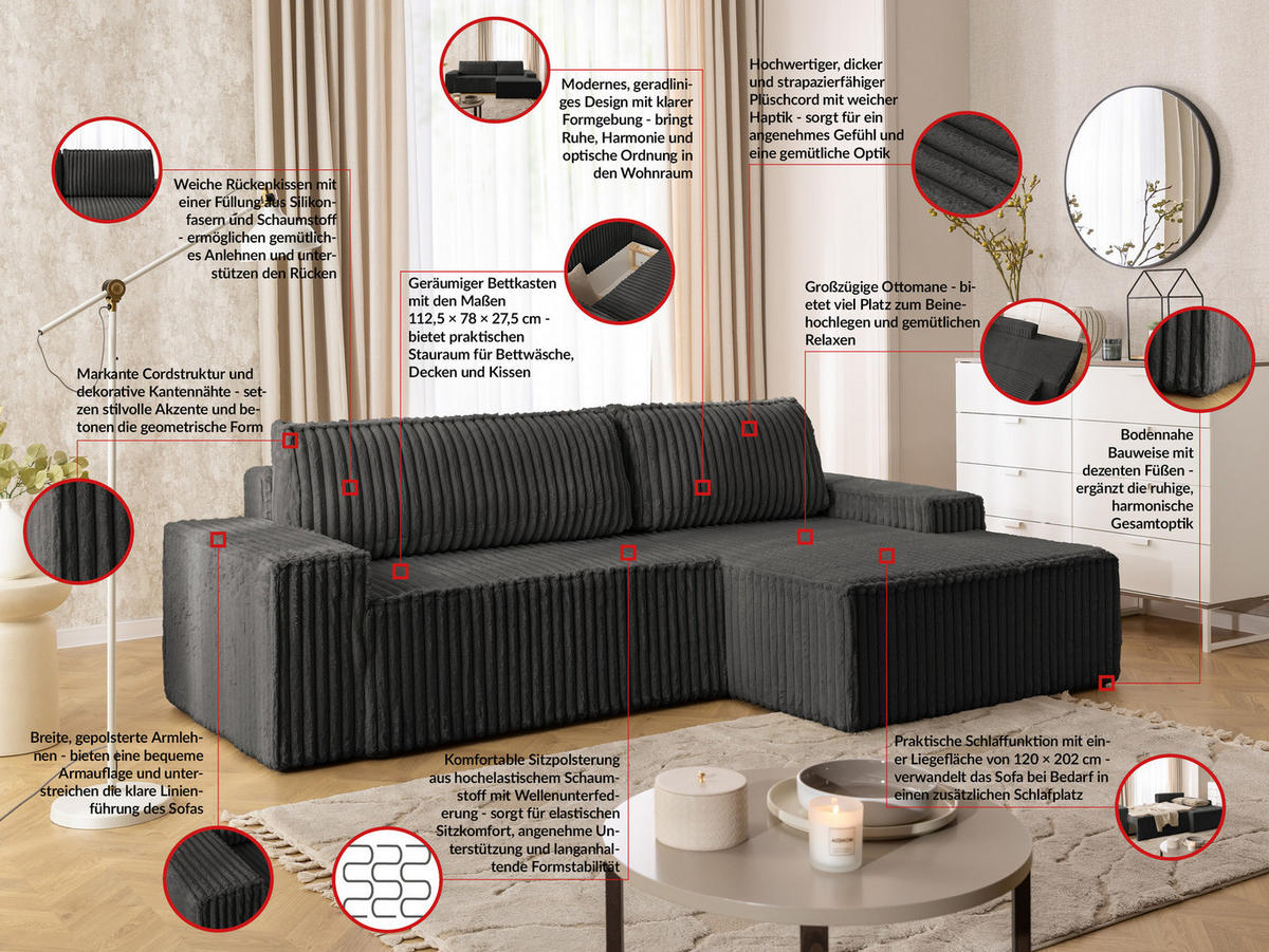 ECKSOFA Rivio mit Schlaffunktion und Bettkasten, Plüschcord Dunkelgrau - Dunkelgrau/Schwarz, Holz/Kunststoff (262/149cm) - S-Style