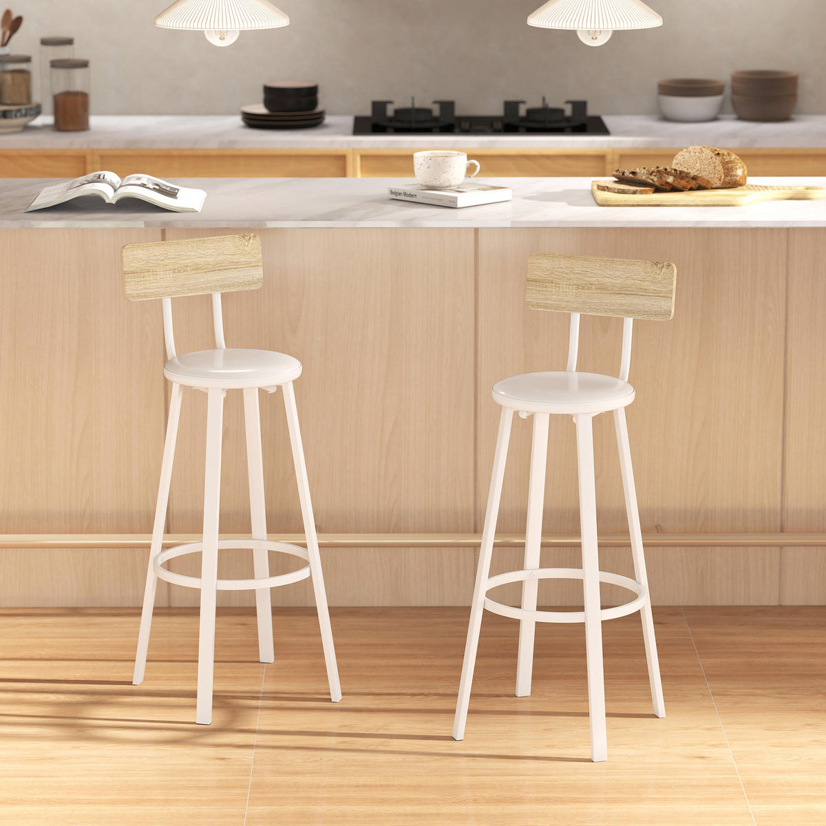 BARHOCKER 2er-Set DE-14824 gepolstert mit Rückenlehne Naturholz/Weiß - Weiß, Metall (36.5/99.5/41.5cm) - ComfortXL