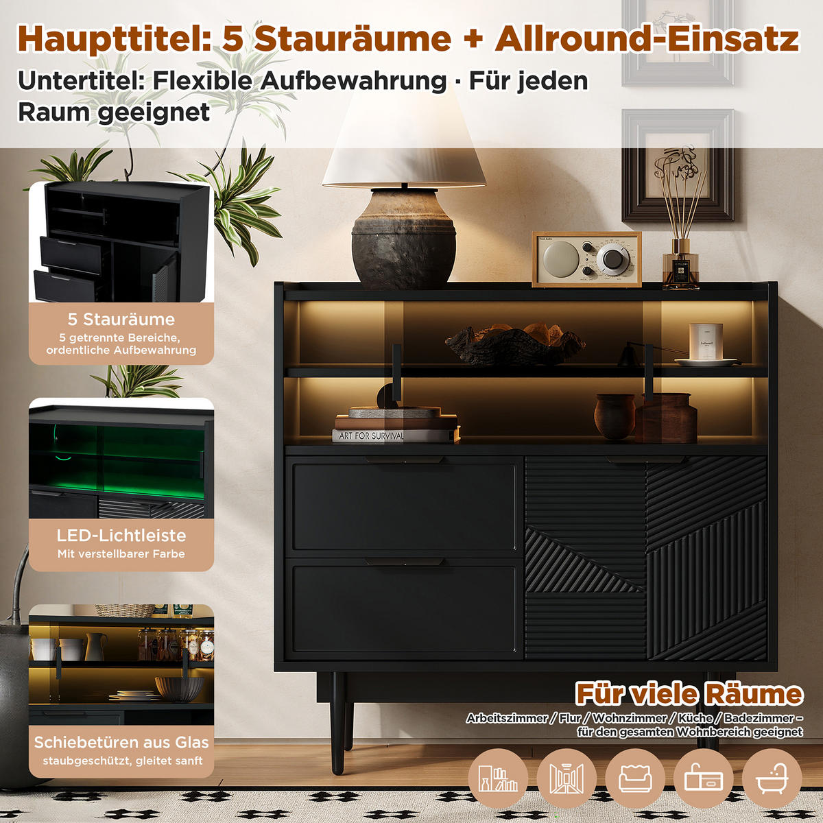 SIDEBOARD 80/35/80 cm mit Glasschiebetür, einstellbarer 16-Farben LED-Leiste, MDF, Schwarz - Schwarz, Holzwerkstoff (80/80/35cm) - Redom