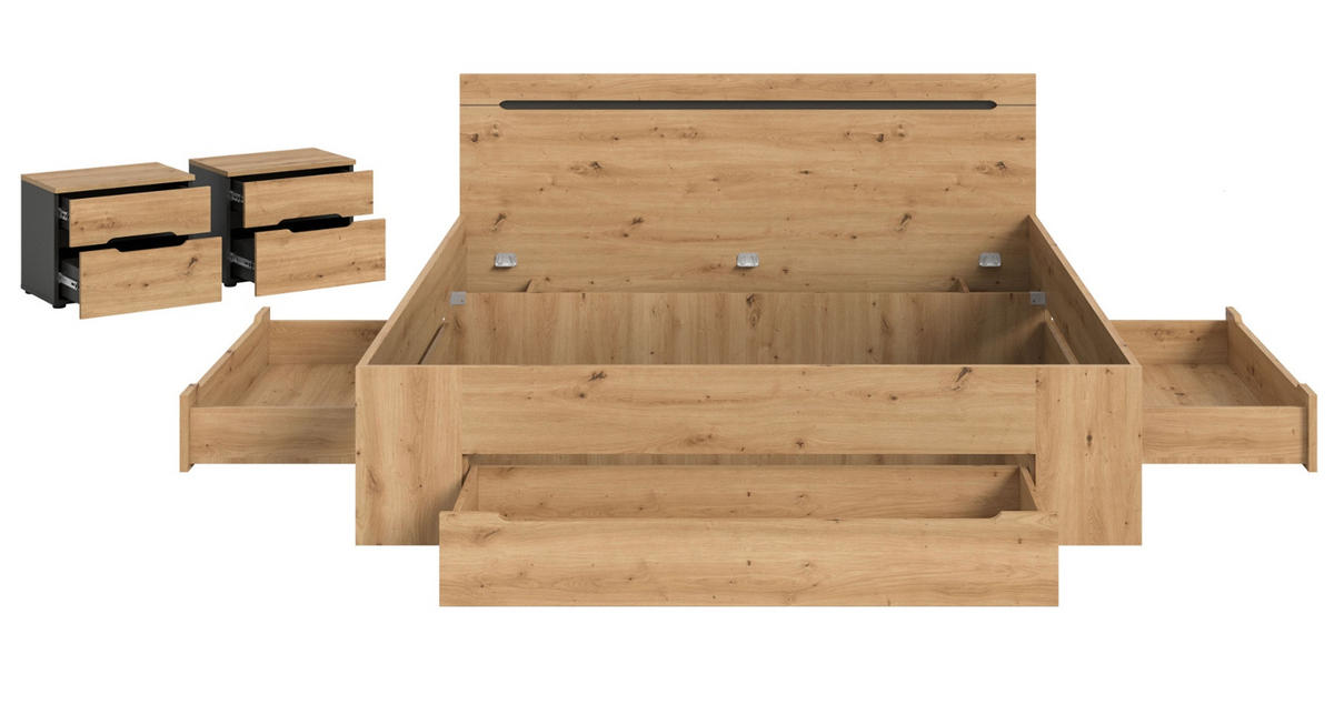 SCHLAFZIMMER Eiche Artisan, grau 3-teilig, Komplettset mit Bett 180 x 200 cm - Eiche Artisan/Grau, Holzwerkstoff/Metall - Inn.Furn