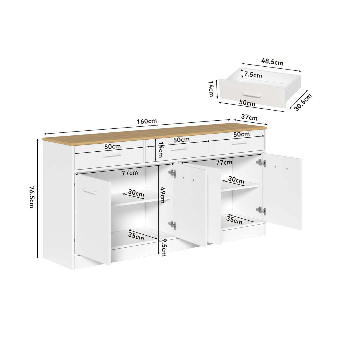 SIDEBOARD 160/37/76,5 cm Weiß aus MDF mit 3 Schubladen und 2 Schrankbereiche - Weiß, Holzwerkstoff (37/76.5/160cm) - OKWISH