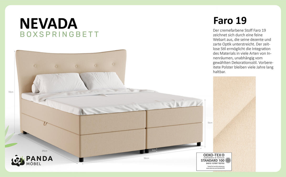 BOXBETT Nevada 180 x 200 cm Doppelbett mit hochwertiger Bonell-Matratze und Topper - beige - Beige, Holz (180/200cm) - Panda Möbel
