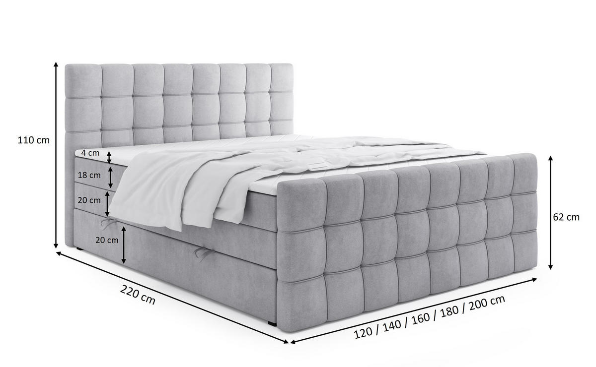 BOXSPRINGBETT Igante King Grau 180x200 cm mit Matrazen H3 & Topper - Grau, Holz (180/200cm) - Labett