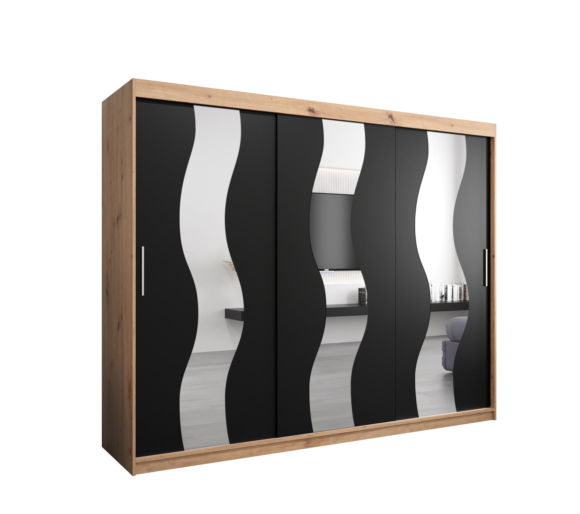 Abiks Möbel Schwebetürenschrank Eiche Artisan, Schwarz 250x200x62 cm