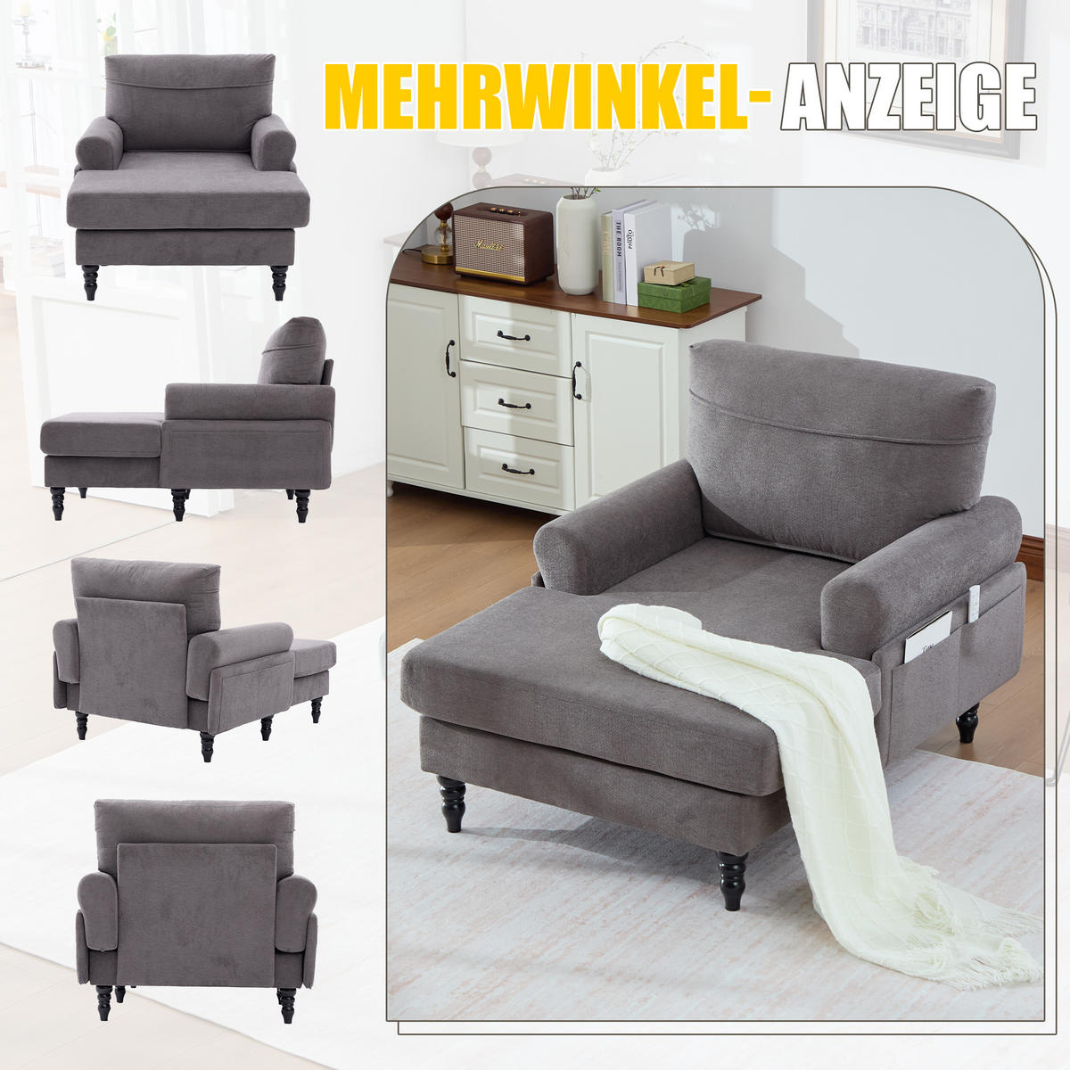 RELAXSESSEL Chenille mit Stauraum loungesesselfür Wohnzimmer Schlafzimmer Grau - Grau, Textil (97/86/125cm) - PARAFTA HOME