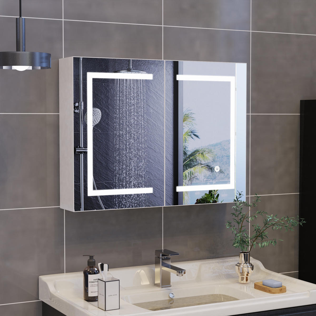 LED Spiegelschrank Bad 80x60 cm Smart-Touch 3 Farbtemperaturen Dimmbar Weiß - Weiß, Glas (80/60/13.5cm) - DELFA