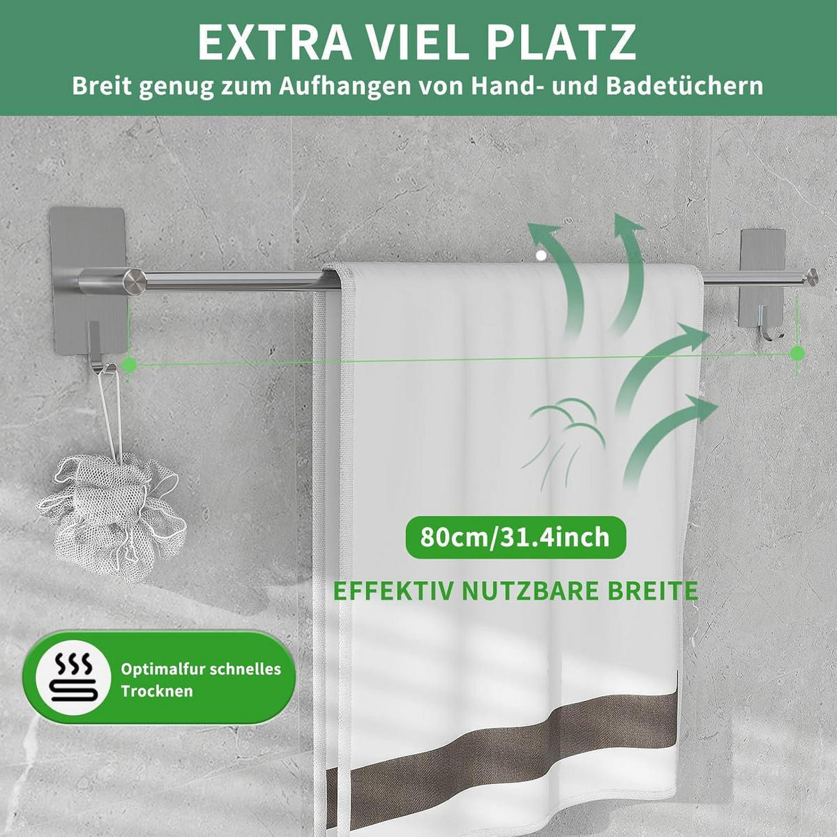 HANDTUCHHALTER ohne Bohren 80 cm Edelstahl Silber mit 2 Haken - Silberfarben, Metall (5/6.4/80cm)