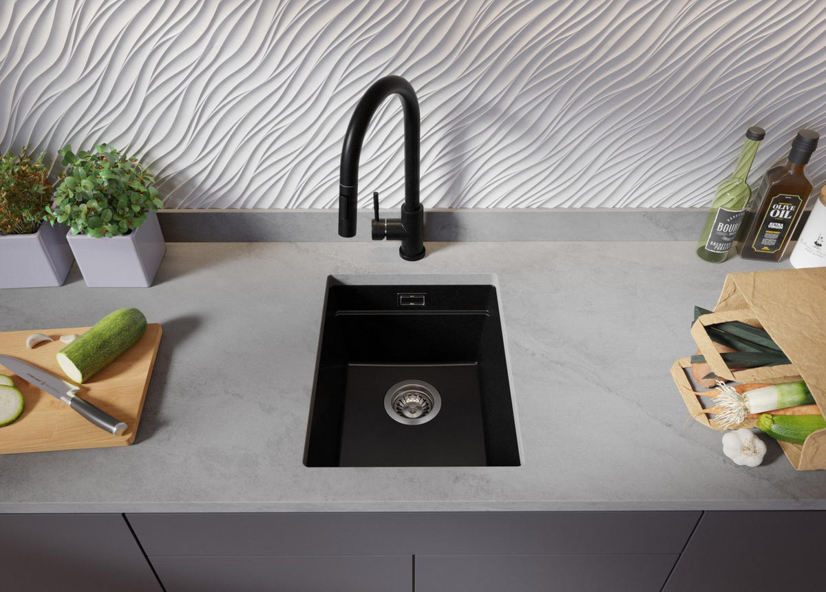 UNTERBAUSPÜLE GRANIT Praga, 2-er set Schwarz 36/47 cm 1 Becken + Küchenarmatur 40/38 cm + Ablauf-Set + Aufrollbare Abtropffläche ab 40er Unterschrank - Schwarz, Kunststoff (36/20/47cm) - Primagran