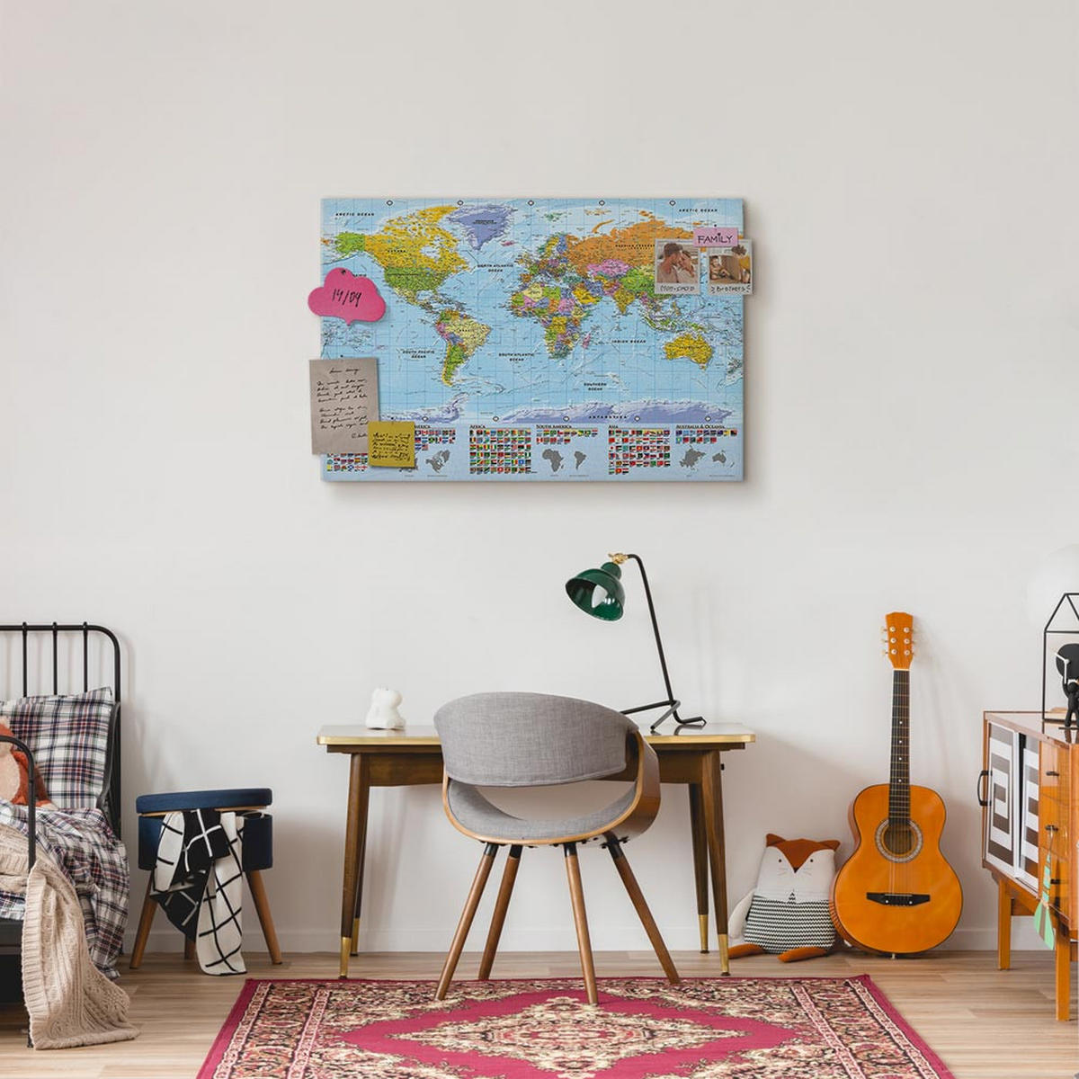 PINNWANDTAFEL Weltkarte mit Flaggen Englisch 90x60 cm - Hellblau, Holz (90/60cm) - artgeist