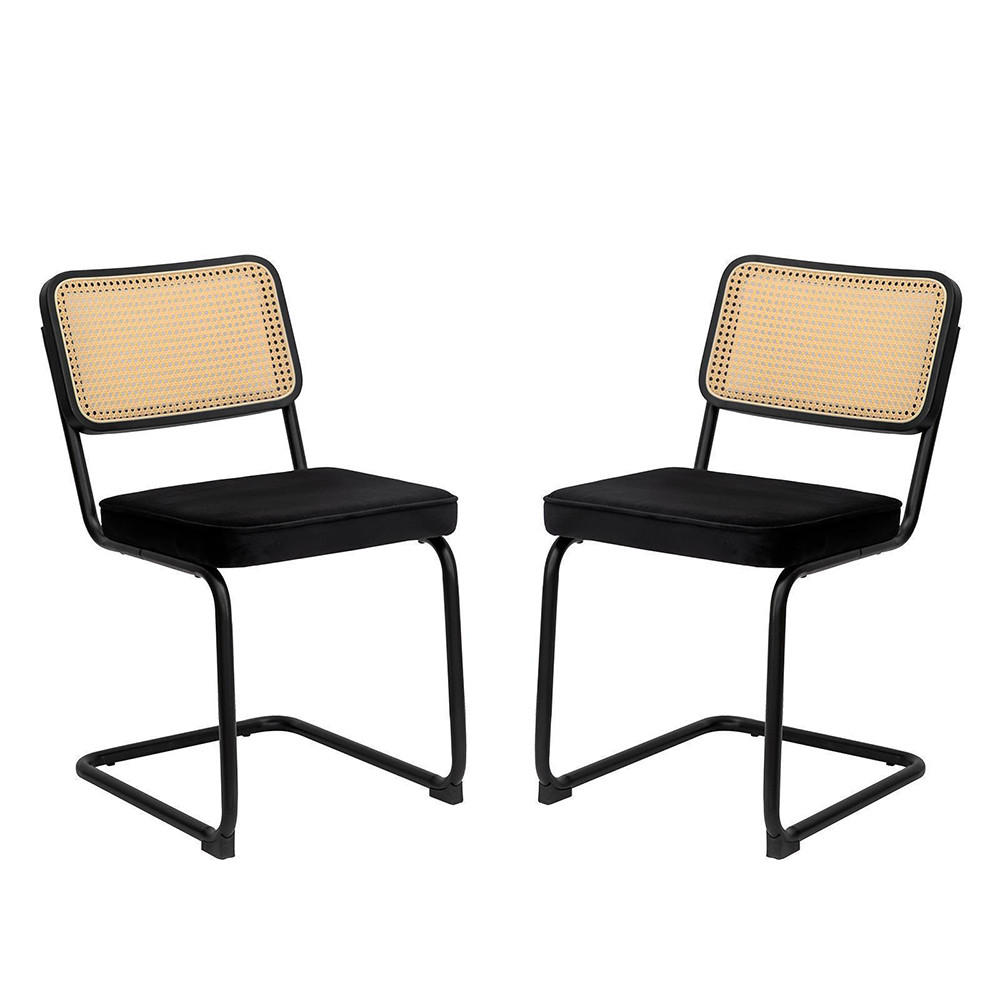 SCAUN DE MASA SET 2 BUC, Catifea-Ratan cu picioare cromate, Negru - negru, material textil/metal (46.4/84.6/53cm) - KOMHTOM