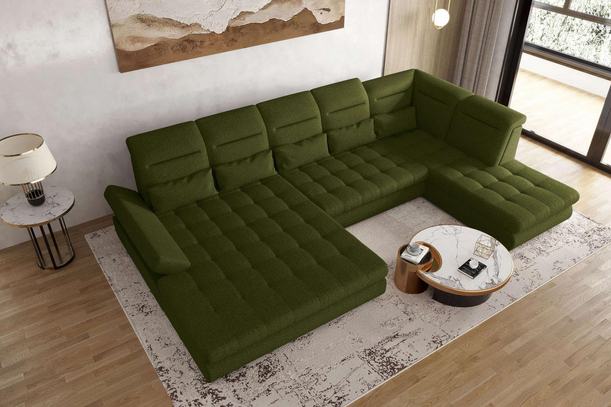 WOHNLANDSCHAFT Toscana Strukturstoff inkl. Schlaffunktion - Grün, Textil (208/87/358cm) - 99rooms
