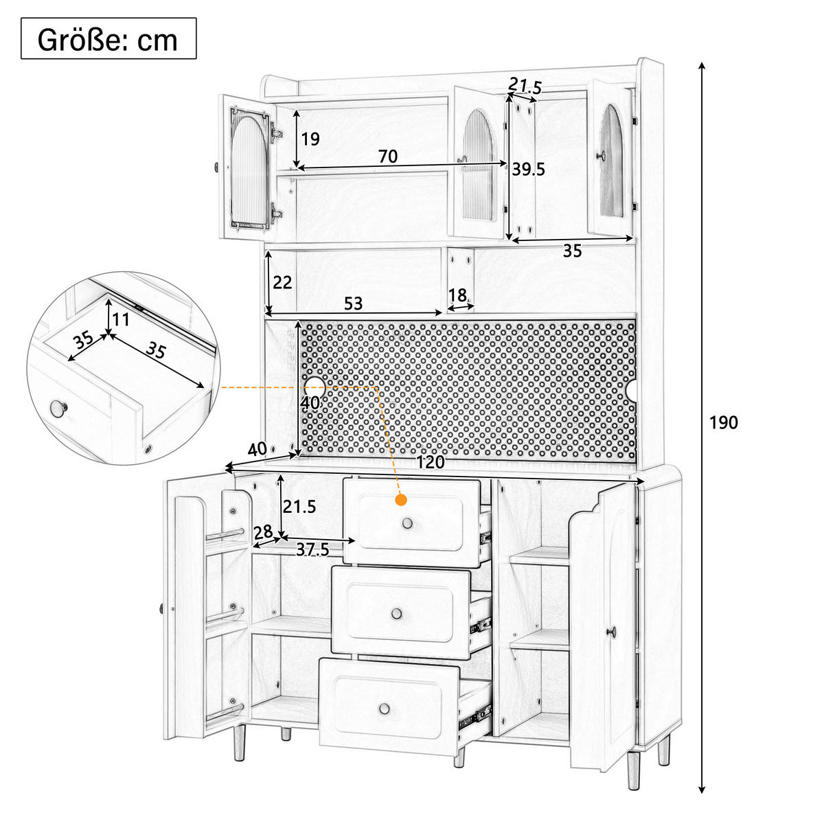 BUFFET 120x40x190 cm Weiß mit Fluted Glas & Lochplatte - Weiß, Holzwerkstoff (40/190/120cm) - Modfu