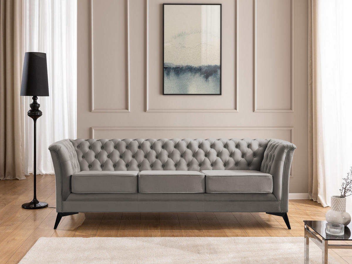 SITZGARNITUR 3+2+1 Chesterfield Whitby Grau Samt mit schwarzen Füßen - Schwarz/Grau, Holz/Textil (237/78/82cm) - S-Style Möbel