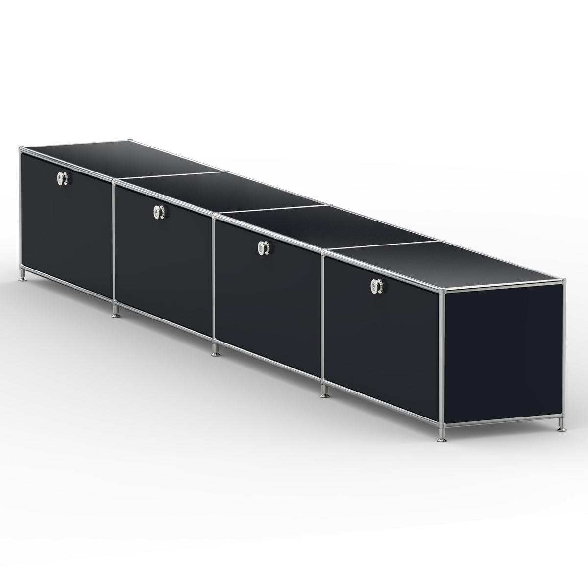 TV Board mit 4 Klappen & Schloss, Breite 302 cm, Graphitschwarz - Chromfarben/Silberfarben, Metall (40/43/302.2cm) - Versee