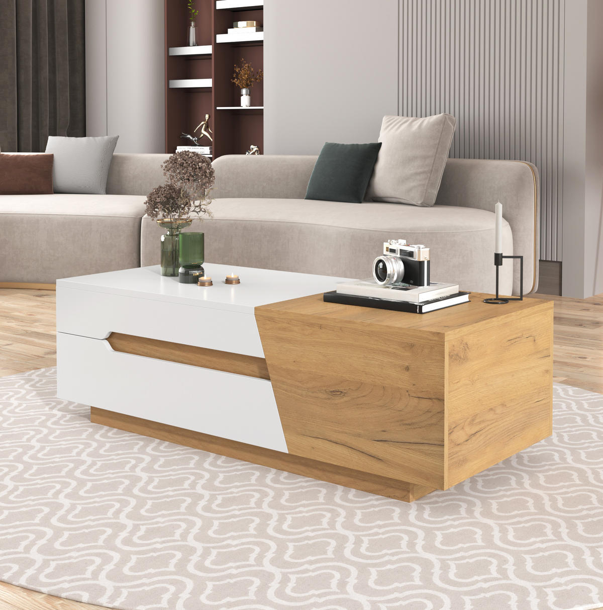 COUCHTISCH aus MDF 120x50x37,5 cm Weiß und Naturholzfarben mit Schiebefunktion und 2 Schubladen - Weiß, Holzwerkstoff (120/50/37.5cm) - IVMEU