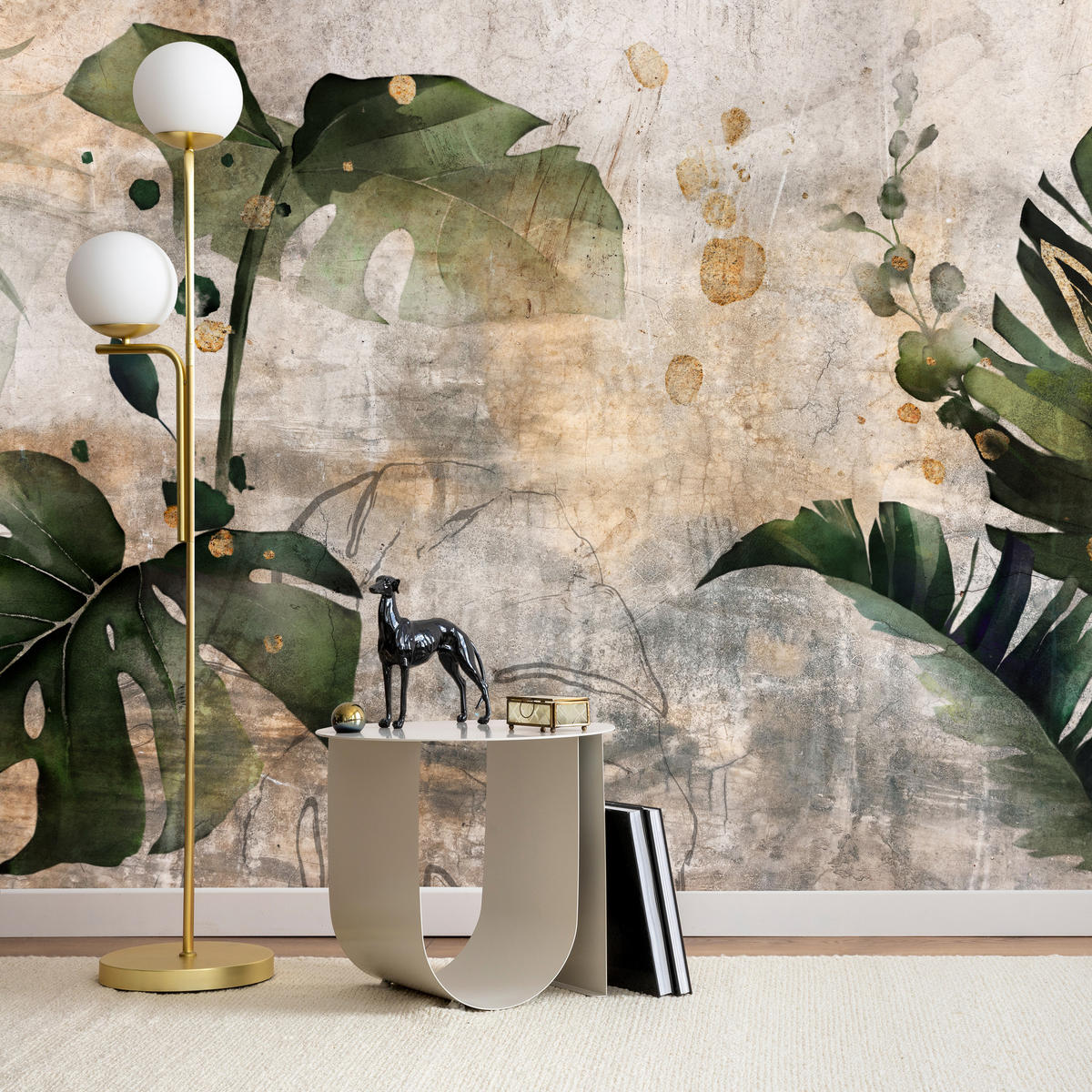 FOTOTAPETE für Schlafzimmer Tropisch Monstera Aquarell Retro 300x210 - Beige/Orange, Papier (300/210cm) - Muralo