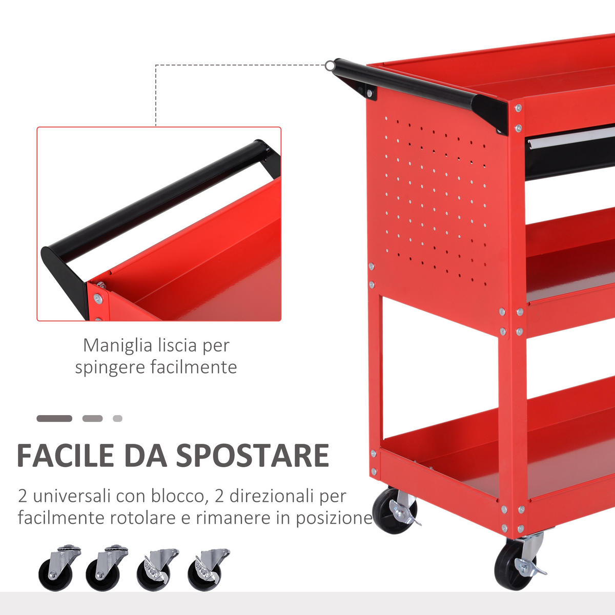 WERKZEUGWAGEN, Stahlwagen mit Schublade und 3 Ablagen, 82 x 35 x 76 cm, Rot - Multicolor, Kunststoff (35/76/82cm) - FORIOUS