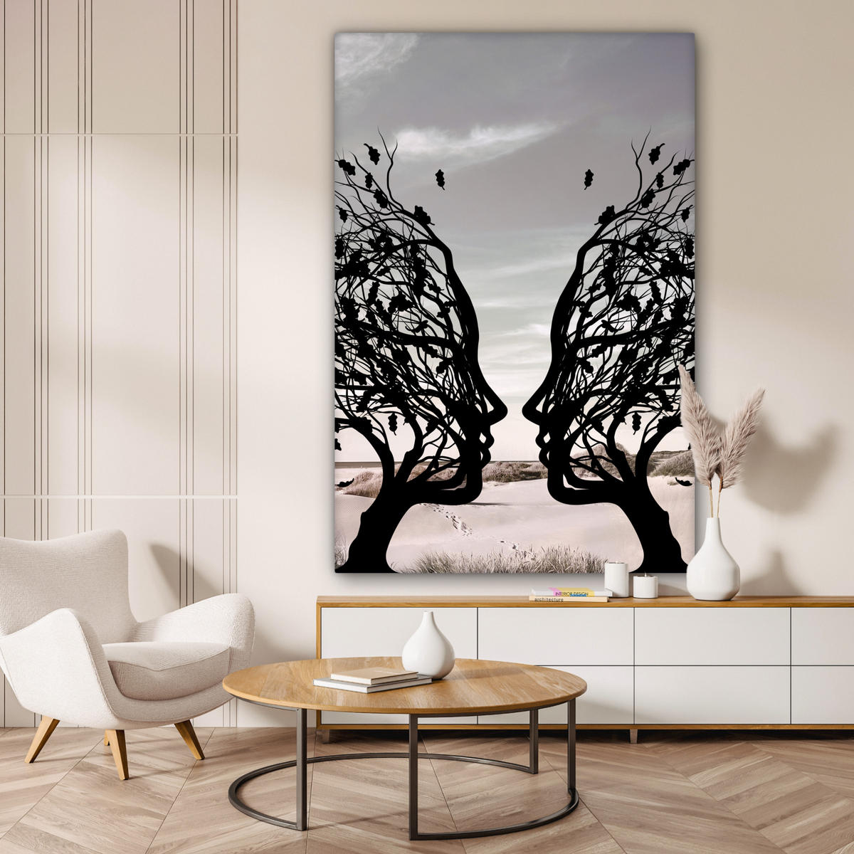 SLIKA NA PLATNU Plaža drevo 90x140 cm - svetlo siva, tekstil (90/140cm) - MuchoWow