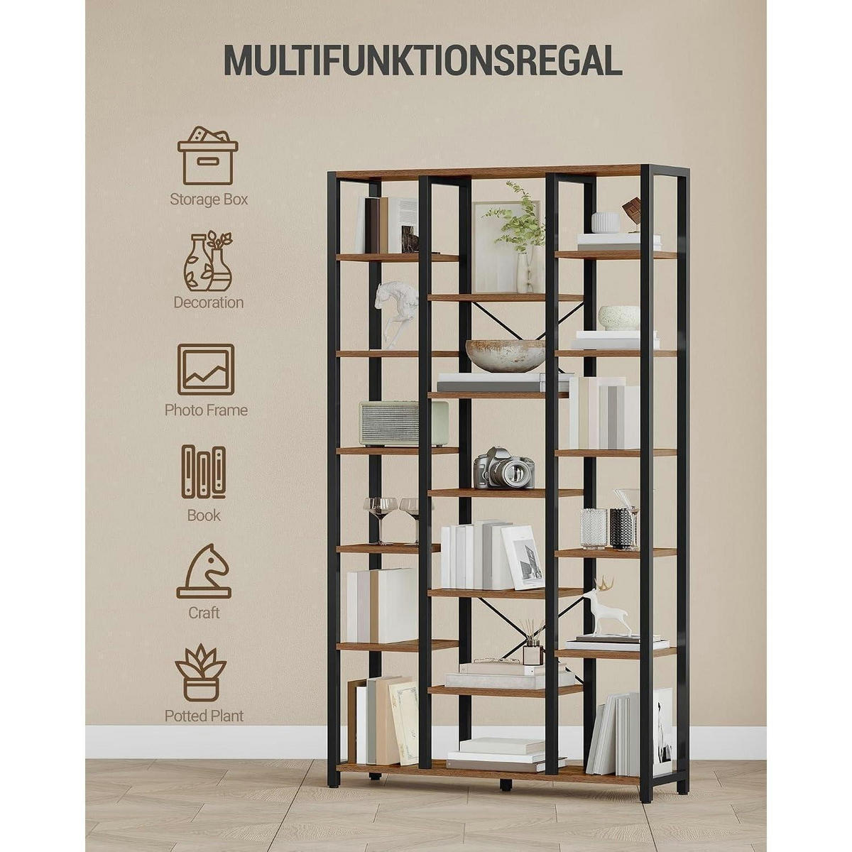 STANDREGAL mit 7 Ebenen Vintagebraun-Schwarz 30 x 100 x 202 cm - Braun, Holzwerkstoff (100/202/30cm)