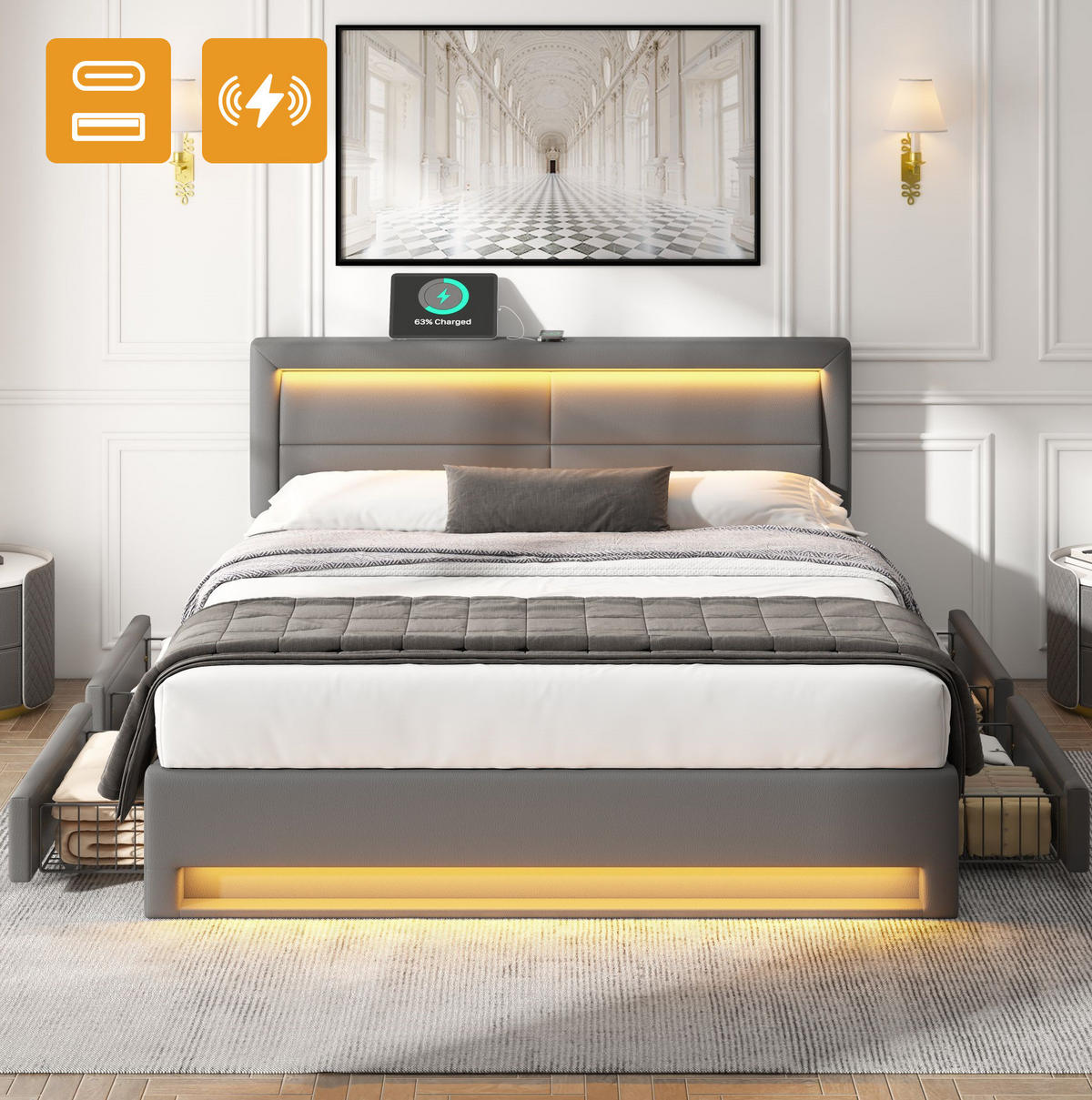 POLSTERBETT 140/200 cm Grau aus PU mit LED und 4 Schubladen - Grau, Kunststoff (140/200cm) - OKMYHOME