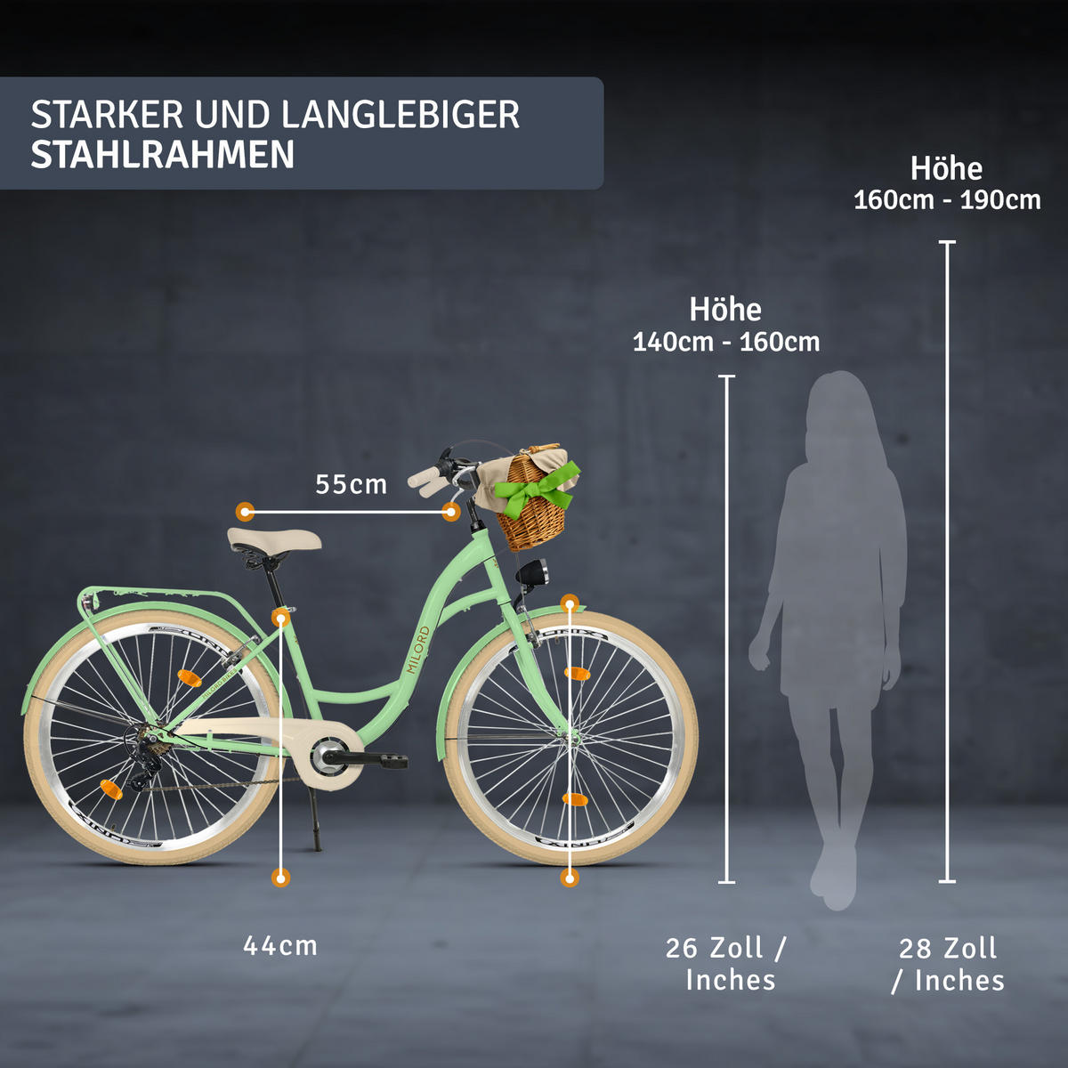CITY-FAHRRAD Milord mit Weidenkorb, 28 Zoll, Mintze, 7-Gang - Creme/Grün, Metall (46cm) - Milordbikes