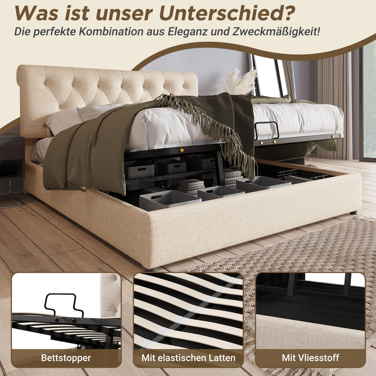 POLSTERBETT 140/200 cm mit hydraulischem Bettkasten & höhenverstellbarem Kopfteil, Natur - Naturfarben, Textil (140/200cm) - Redom