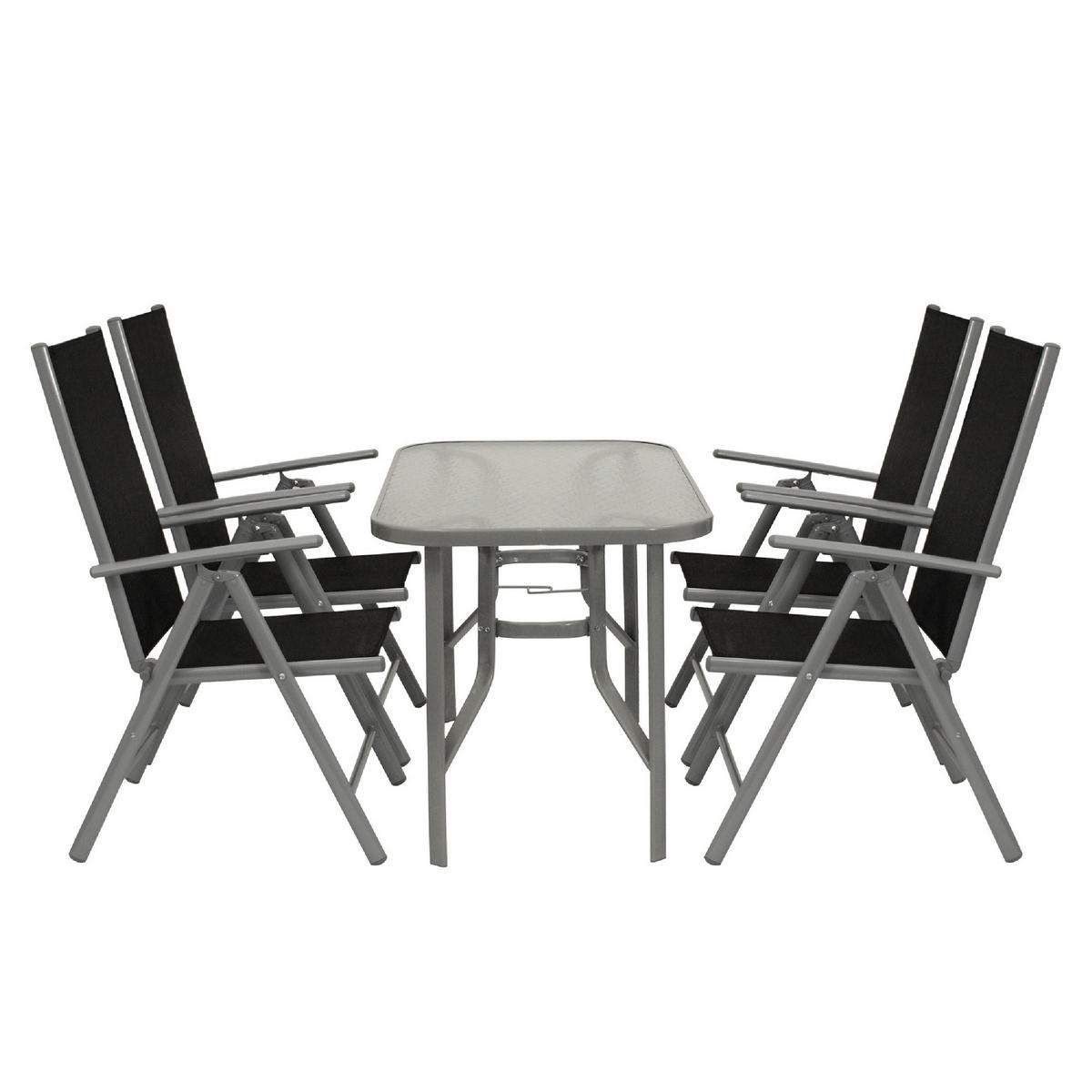 GARTEN-GARNITUR Chelmsford 5-teilig (4x Klappsessel mit Armlehnen, 1x Tisch 120x70cm) - Garten-Essgruppe mit Gestell aus Aluminium / Stahl - Grau, Metall - TPFGarden