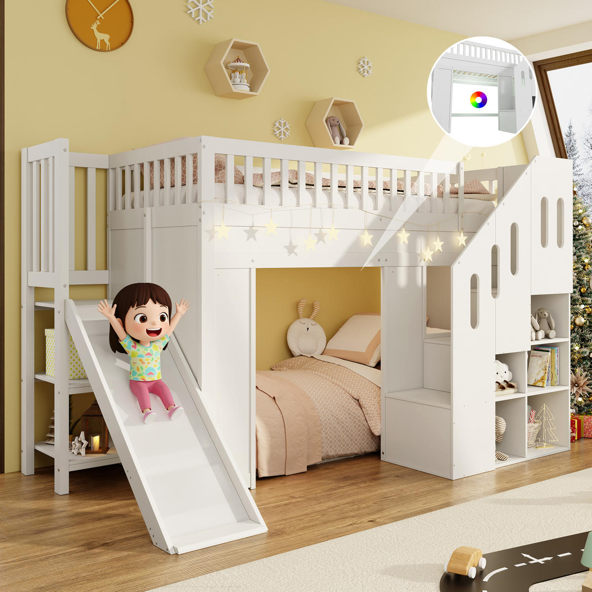 HOCHBETT 90/200 cm in Weiß Kinderbett mit Rutsche, Stauraumtreppe und LED - Weiß, Holzwerkstoff (90/200cm) - STILVORA
